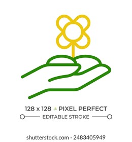 Floriculture two color line icon. Flower farming. Ornamental horticulture. Plant cultivation. Floral industry bicolor outline symbol. Duotone linear pictogram. Isolated illustration. Editable stroke