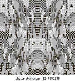 Florid Checkered Pattern. Collage Composition. Vector Seamless Checkered Pattern. Kaleidoscope  Layout. Gray Dynamic Abstract Geometric Background With Organic Shapes. Mosaic Design. Asian Motif.