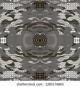 Florid Checkered Pattern. Collage Composition. Vector Seamless Checkered Pattern. Kaleidoscope  Layout. Gray Dynamic Abstract Geometric Background With Organic Shapes. Mosaic Design. Asian Motif.