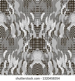 Florid Checkered Pattern. Collage Composition. Vector Seamless Checkered Pattern. Kaleidoscope  Layout. Gray Rhythmic Abstract Geometric Background With Organic Shapes. Mosaic Design. Asian Motif.