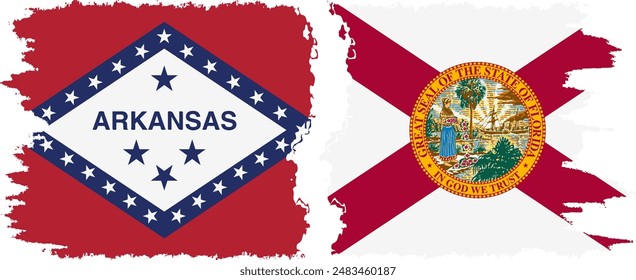 Florida and Arkansas states grunge brush flags connection, vector