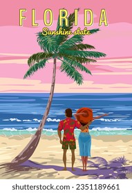 Florida Beach Retro Poster. Coulple in love on vacation resort, palm on the beach, coast, surf, ocean. Vector illustration vintage