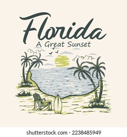 Florida Beach Sunset, Surf And Beach , A Great Sunset Beach Vintage Hand Drawing Illustration T Shirt Logo Vector