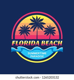 Florida beach - vector illustration concept in retro vintage graphic style for t-shirt and other print production. Palms, sun, coast. Badge logo design. Summertime paradise travel vacation.