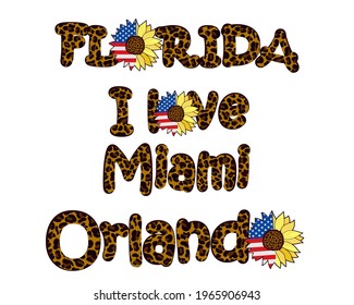 Florida cities decorated with leopard print and decorated with a sunflower flower with the USA flag. Fashionable design.