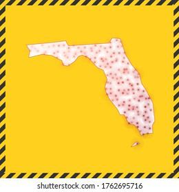 Florida closed - virus danger sign. Lockdown US state icon. Black striped border around map with virus spread concept. Vector illustration.