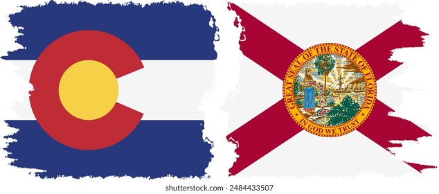 Florida and Colorado states grunge brush flags connection, vector