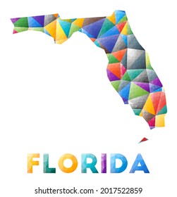 Florida - colorida forma de estado de baja polilla de estados unidos. Triángulos geométricos multicolor. Diseño moderno y de moda. Ilustración vectorial.