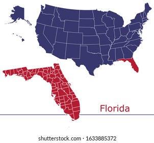 Florida counties vector map with USA map colors national flag