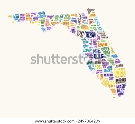 Florida counties word cloud. State logo design. Counties typography style vector image. Florida colored text cloud. Artistic vector illustration.