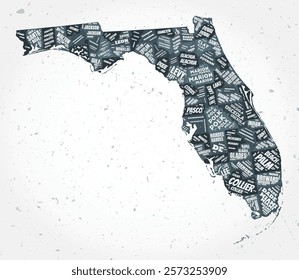 Florida counties word clouds. State shape on textured background. Florida design in typographic style. Stylish vector illustration.