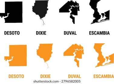 Florida county map silhouettes of desoto dixie duval and escambia in black and orange