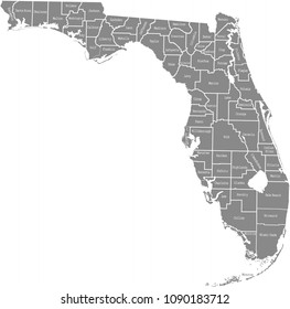 Florida county map vector outline in gray background. Florida state of USA map with counties names labeled