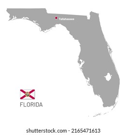 Florida county outline gray map and national flag. Silhouette of Southeastern region of USA, Florida editable map with borders and Tallahassee capital city realistic vector illustration