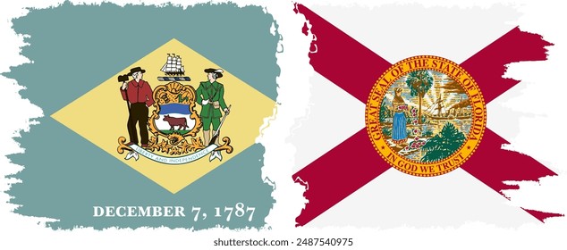 Florida and Delaware states grunge brush flags connection, vector