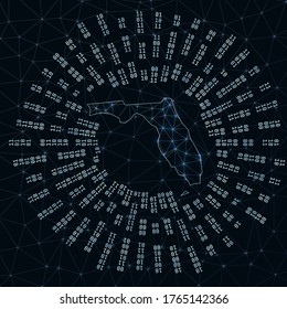 Florida digital map. Binary rays radiating around glowing us state. Internet connections and data exchange design. Vector illutration.