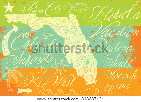 Florida doodles with calligraphyHand drawn state of Florida with other doodles and handwritten calligraphy of popular vacation city names. 