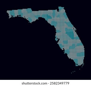 Florida dotted map. Digital style map of the state on dark background. Florida shape with square dots. Colored dots style. Small size squares. Trending vector illustration.