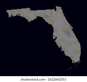 Florida dotted map. Digital style map of the state on a dark background. Florida shape with circle dots. Colored dots style. Small size circles. Vibrant vector illustration.