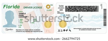Florida Driver License Front and Back sample illustration. Driver's license isolated on white background. Person driver license.