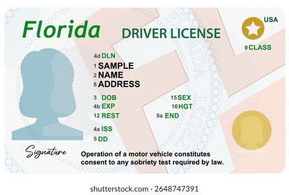Licença de condução da Flórida com silhueta feminina isolada no fundo branco. Carta de condução pessoal