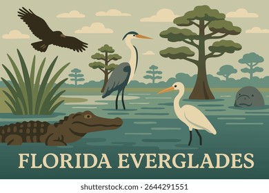 O Florida Everglades, uma vasta reserva de pântanos que abriga vida selvagem única, oferecendo vistas tranquilas da natureza aquática, manguezais exuberantes e exploração ao ar livre pacífica.
