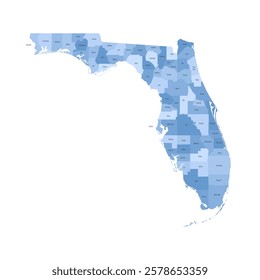 Florida, FL - detailed political map of US state. Administrative map divided into counties. Blue map with county name labels. Vector illustration