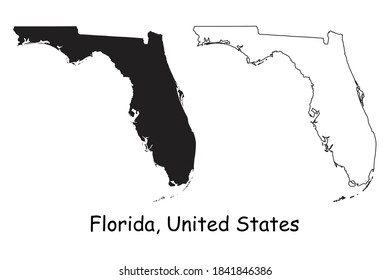 Zustandskarten für Florida FL. Schwarze Silhouette und Umriss einzeln auf weißem Hintergrund. EPS-Vektorgrafik