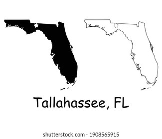 Florida FL state Maps USA with Capital City Star at Tallahassee. Black silhouette and outline isolated on a white background. EPS Vector