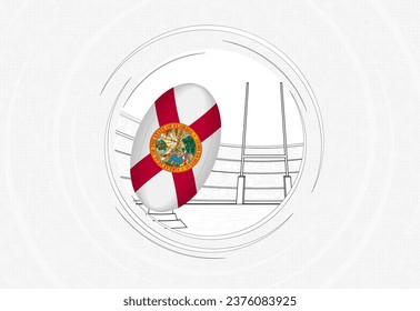 Florida flag on rugby ball, lined circle rugby icon with ball in a crowded stadium. Vector sport emblem on abstract background.