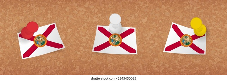 Bandera de Florida anclada en tablero de corcho, tres versiones de la bandera de Florida. Pantalones vectores y conjunto de indicadores.