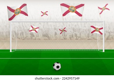 Florida football team fans with flags of Florida cheering on stadium, penalty kick concept in a soccer match. Sports vector illustration.