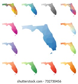 Florida geometric polygonal, mosaic style US state maps collection. Bright abstract tessellation, low poly style, modern design. Florida polygonal maps for your infographics or presentation.