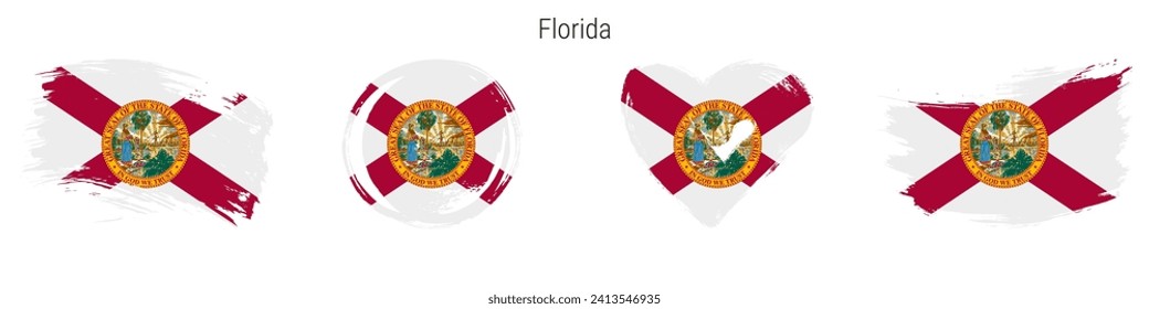 Florida hand drawn grunge style flag icon set. US state banner in official colors. Free brush stroke shape, circle and heart-shaped. Flat vector illustration isolated on white.