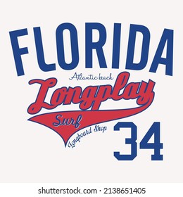 Florida, Hawaii theme text with palms, waves and birds vector illustrations. For t-shirt prints and other uses.