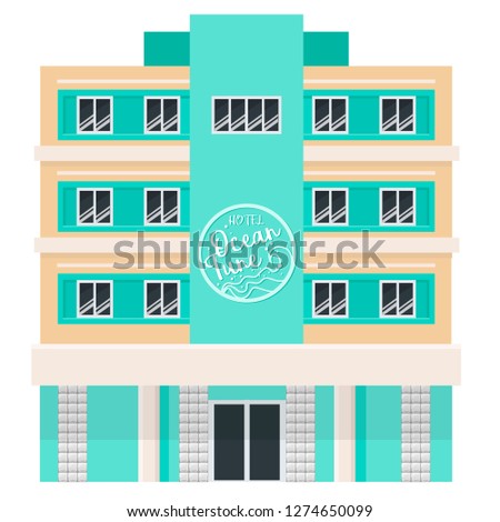 Florida hotel facade. Miami Architecture. Cartoon flat illustration