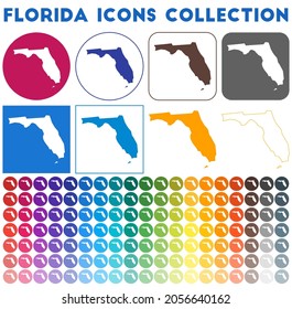 Florida icons collection. Bright, colorful, trendy map icons. Modern Florida badge with US state map. Vector illustration.