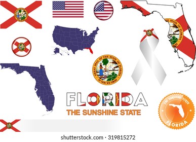 Florida Icons. Set of vector graphic images and symbols representing the US State of Florida.