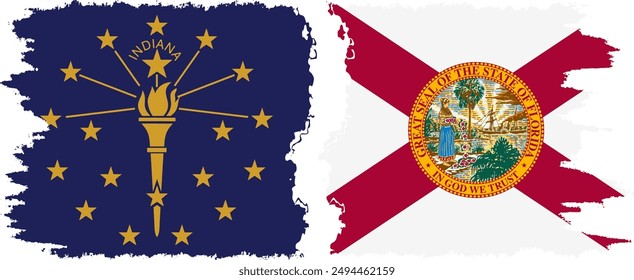 Florida and Indiana states grunge brush flags connection, vector