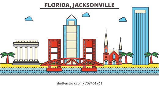 Florida, Jacksonville.City skyline: architecture, buildings, streets, silhouette, landscape, panorama, landmarks, icons. Editable strokes. Flat design line vector illustration concept.