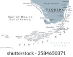 Florida Keys, United States, gray political map. Coral cay archipelago off southern coast of Florida Peninsula, extend in an arc to the westernmost of the inhabited islands Key West, to Dry Tortugas.