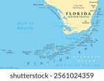 Florida Keys, United States, political map. Coral cay archipelago off the southern coast of Florida Peninsula, extend in an arc to the westernmost of the inhabited islands Key West, to Dry Tortugas.