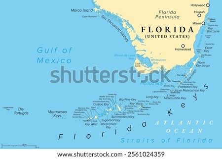 Florida Keys, United States, political map. Coral cay archipelago off the southern coast of Florida Peninsula, extend in an arc to the westernmost of the inhabited islands Key West, to Dry Tortugas.