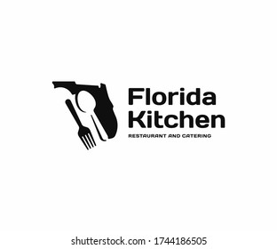 Florida kitchen and cutlery logo design. Restaurant and catering vector design. Florida state with spoon and fork logotype