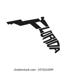 Florida lettering vector illustration. Isolated black and white state logo. Logotype country print. Decoration poster with drawing letters. Abstract national banner. Usa cartography design map.