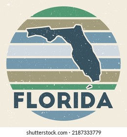 Florida logo. Sign with the map of us state and colored stripes, vector illustration. Can be used as insignia, logotype, label, sticker or badge of the Florida.