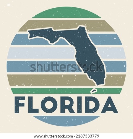Florida logo. Sign with the map of the US state and colored stripes, vector illustration. Can be used as insignia, logotype, label, sticker, or badge of Florida.