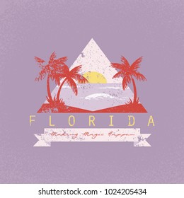 Florida making magic happen slogan. Neon palm and sun. Rock and roll patch. Typography graphic print, fashion drawing for t-shirts .Vector stickers,print, patches vintage