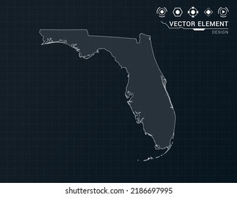 Florida map of black digital frame HUD, GUI, UI interface technology radar vector.