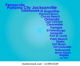 Florida Map with blue letters on light blue background. Florida in Spanish  is "land of flowers" is the southernmost contiguous state in USA.